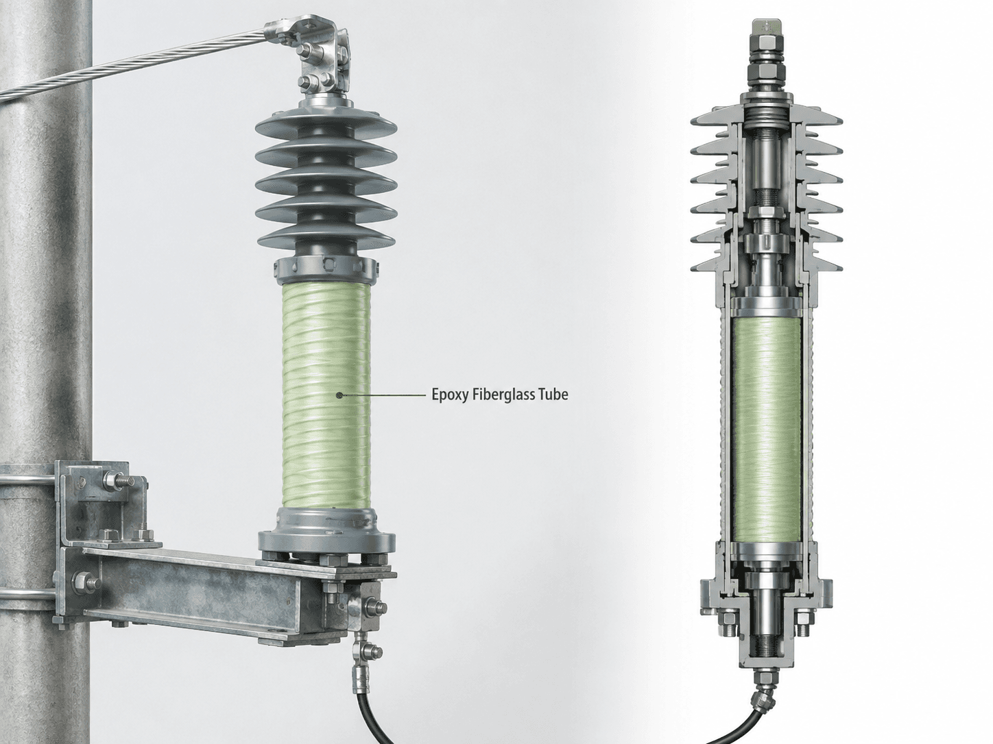 Representative surge arrester application cutaway visual for epoxy fiberglass tubes